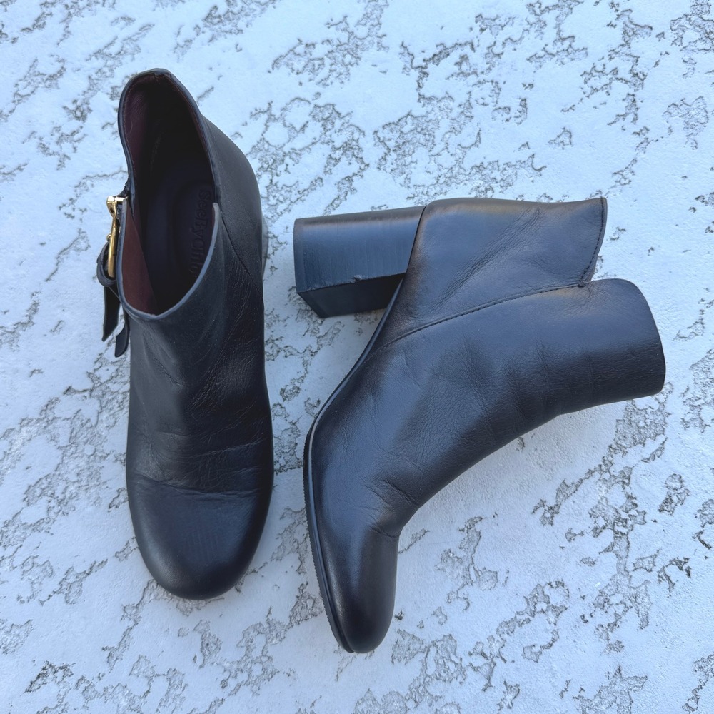 See By Chloe‎ Women's Black Leather Side Zip Block Heel Ankle Booties Size 37